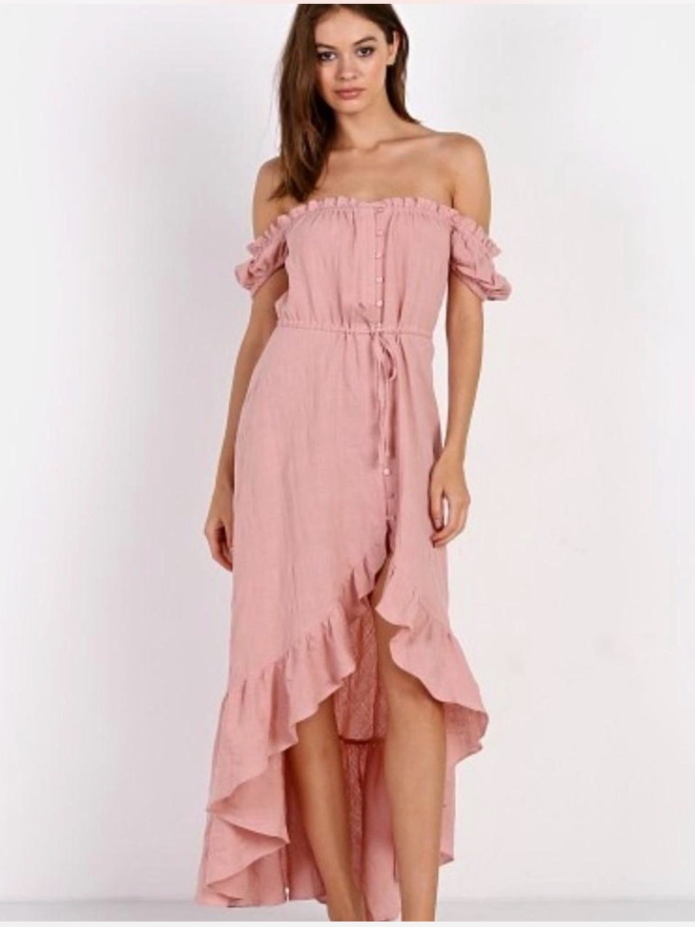 Auguste The Label Off-Shoulder High-Low Ruffle Dress in Dusty Rose